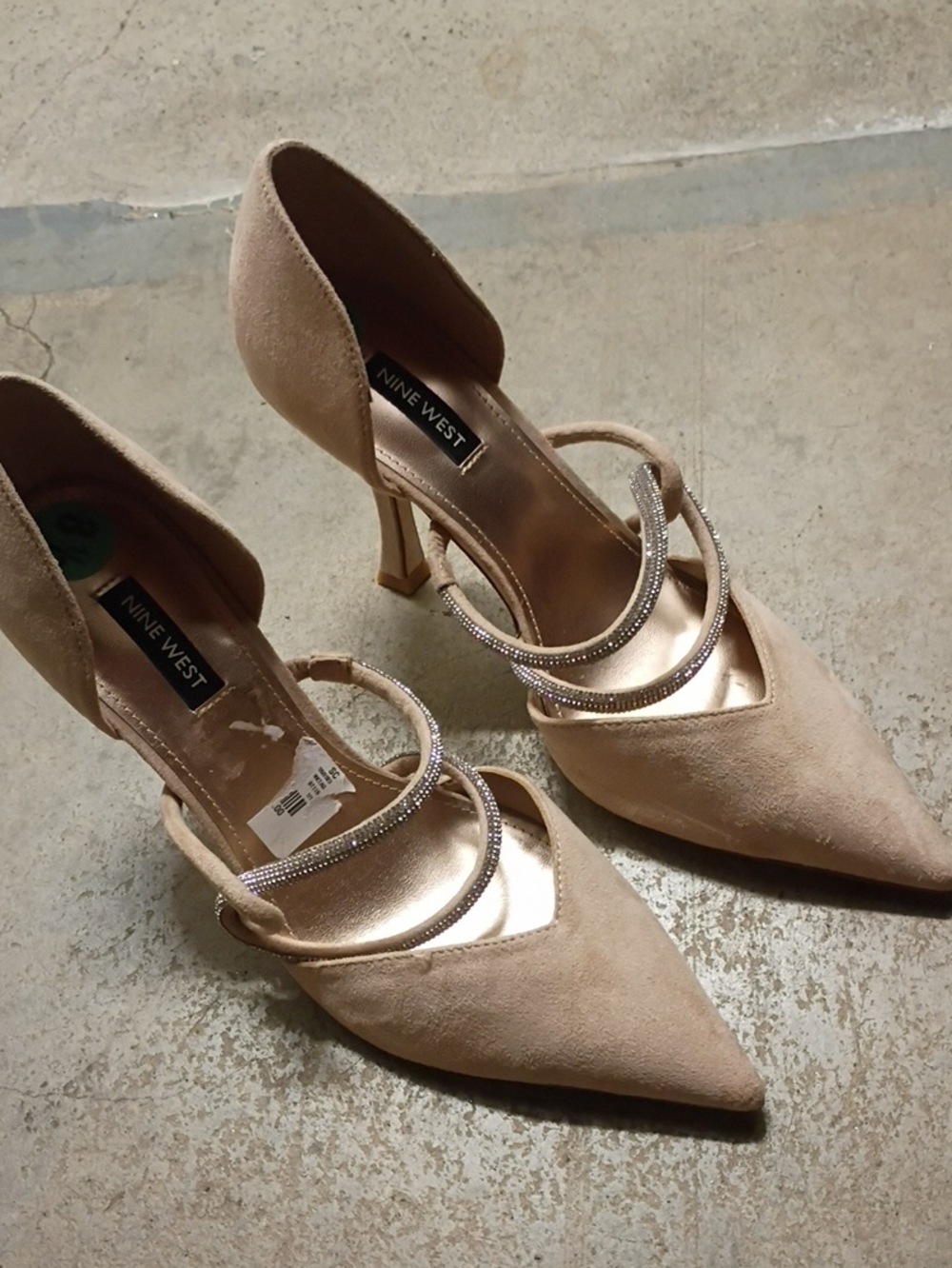 Nine West Tan Suede Pointed Toe Heels with Rhinestone Straps